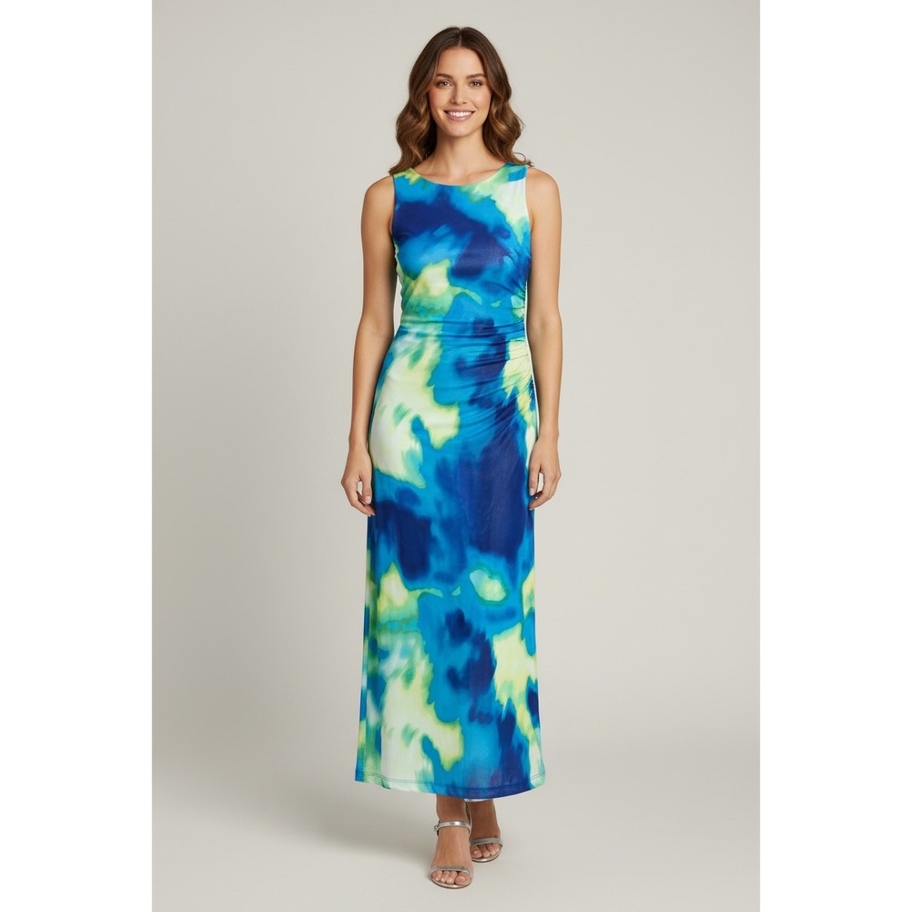 Calvin Klein Blue Watercolor Ruched Maxi Dress Size 6